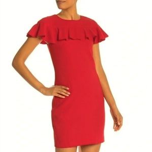 TRINA TURK Red Shimmer Ruffle Shift Dress